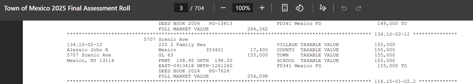 2025 final assessment roll screenshot for John R. Alessio